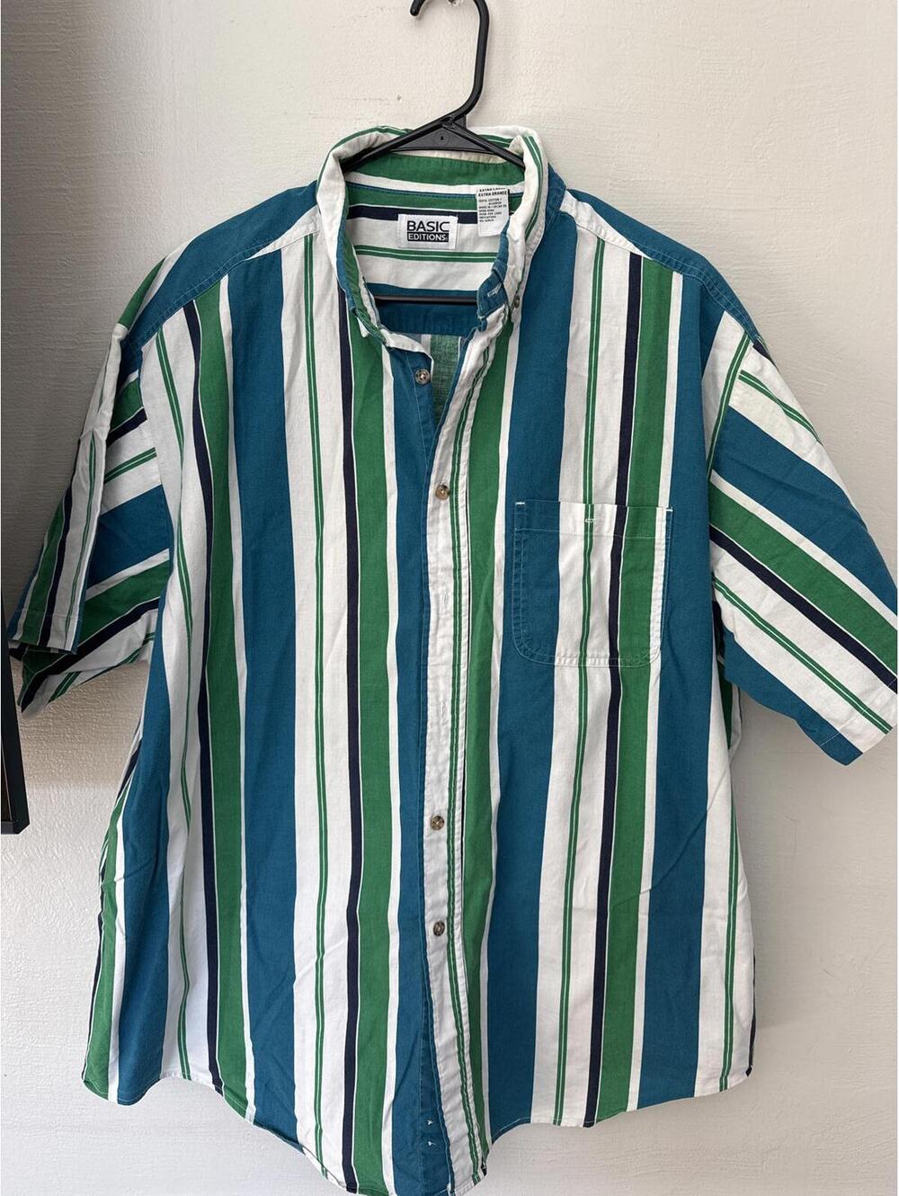 Vintage Basic Editions Striped Button Shirt XL Teal Green Cotton